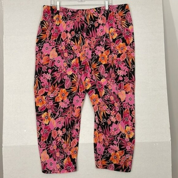 Tiramisu Floral Pants, Side Zip, High Rise, 24" Crop Inseam, Pink Orange Black - Picture 8 of 8